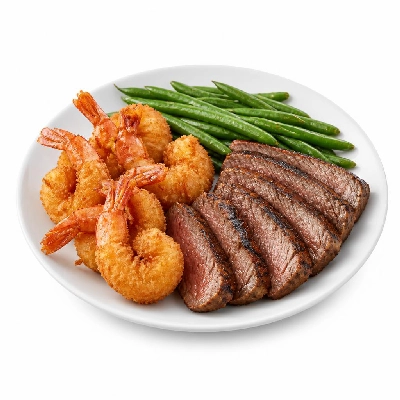 Black Bear Diner Dinner Black Bear Combos Deep-Fried Shrimp & Tri-Tip Steak with Linguica Beans