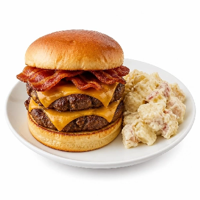 Black Bear Diner Lunch Burger Stacks Bacon Cheddar Stuffed Potato Salad