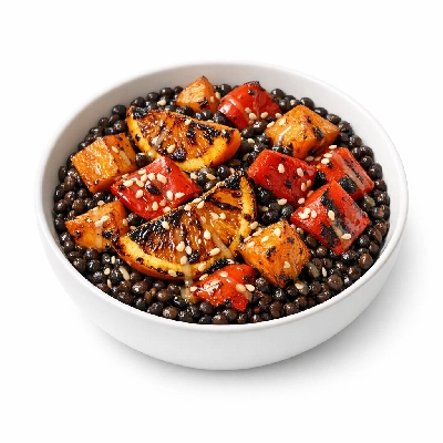 Black Lentils with Roasted Spiced Vegetables and Sesame Dressing