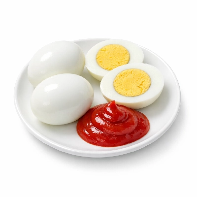 Boiled eggs with ketchup
