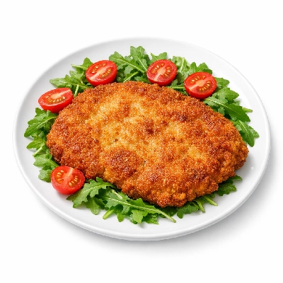 Breaded schnitzel with arugula and cherry tomatoes