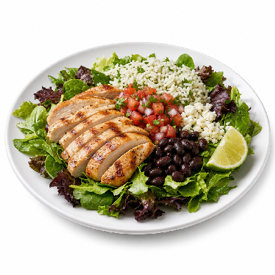 Cafe Rio Grilled Chicken Salad with Black Beans White Cheese Pico Lime Wedge Cilantro Rice No Guacamole