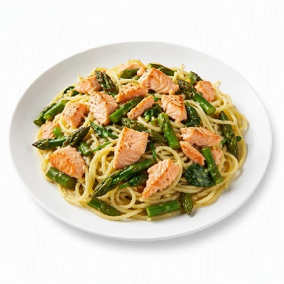 California Pizza Kitchen Pastas Specialties Asparagus Spinach Spaghettini with Sauteed Salmon