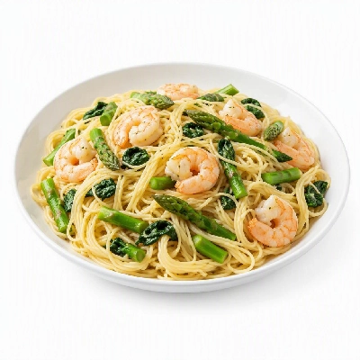 California Pizza Kitchen Pastas Specialties Asparagus Spinach Spaghettini with Shrimp