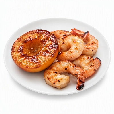 California Pizza Kitchen Salads Caramelized Peach Half with Grilled Shrimp