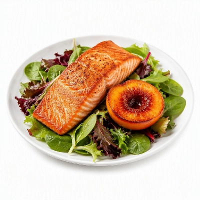 California Pizza Kitchen Salads Caramelized Peach Half with Sauteed Salmon