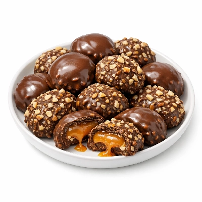 Candies chocolate covered caramel with nuts