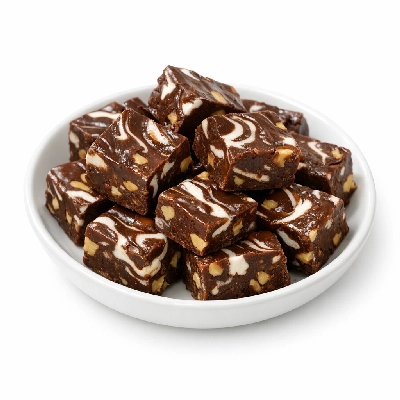 Candies fudge chocolate marshmallow with nuts prepared-by-recipe