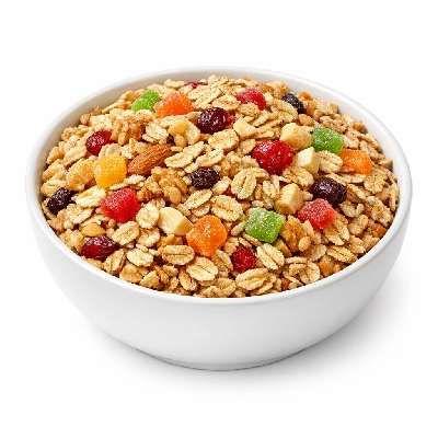 Cereals ready-to-eat whole wheat rolled oats presweetened with nuts and fruit single brand
