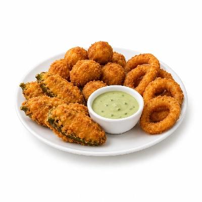 Cheeburger Cheeburger Appetizer Sampler with Creamy Jalapeno Sauce
