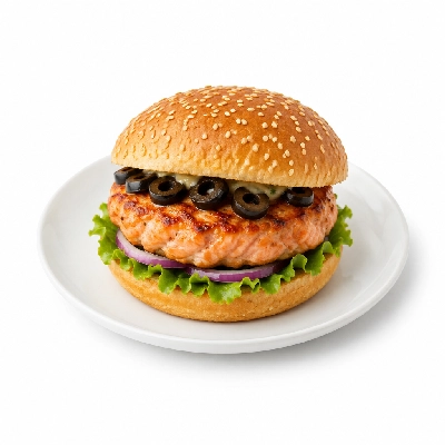Cheeburger Cheeburger Entrees Salmon Burger Platter with Black Olives