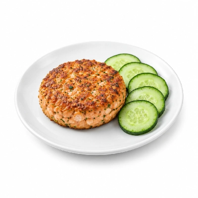 Cheeburger Cheeburger Entrees Salmon Burger Platter with Cucumbers