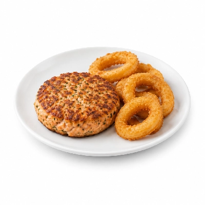 Cheeburger Cheeburger Entrees Salmon Burger Platter with Onion Rings