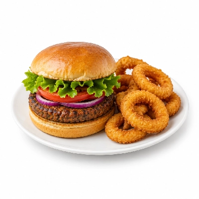 Cheeburger Cheeburger Entrees Veggie Burger Platter with Onion Rings