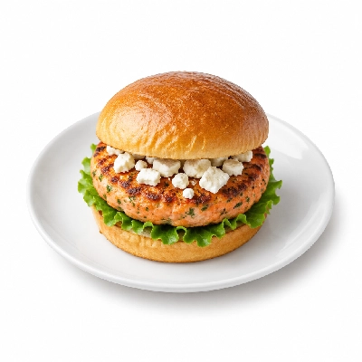 Cheeburger Cheeburger Salads Salmon Burger with Feta Cheese Crumbles