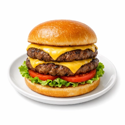 Cheeseburger, double patty and double bun, with condiments and vegetables