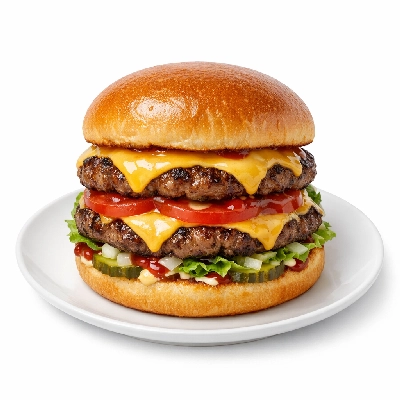 Cheeseburger with large double patty and condiments