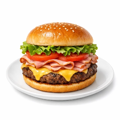 Cheeseburger, large patty, with ham, condiments, and vegetables