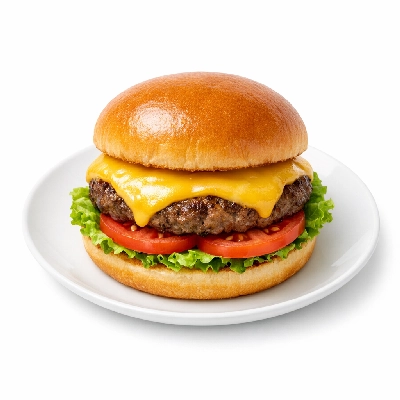 Cheeseburger, single patty, with condiments and vegetables