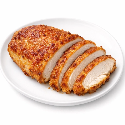 Breaded fried chicken breast meat and skin