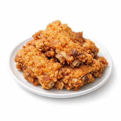 Chicken broilers or fryers back meat and skin cooked fried batter