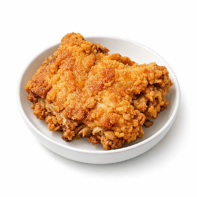 Chicken broilers or fryers back meat and skin cooked fried flour