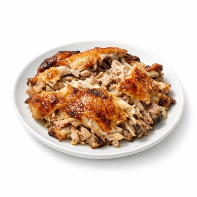 Chicken broilers or fryers back meat and skin cooked rotisserie original seasoning