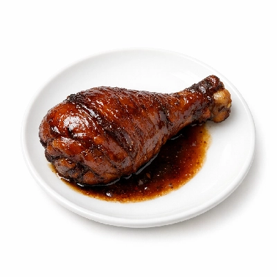 Chicken broilers or fryers dark meat drumstick and skin cooked braised