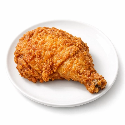 Chicken broilers or fryers leg meat and skin cooked fried batter