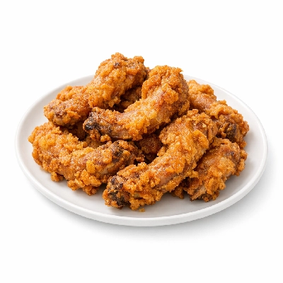 Chicken broilers or fryers neck meat and skin cooked fried batter