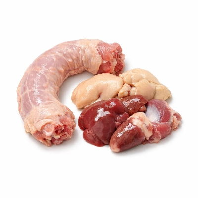 Chicken capons meat and skin giblets neck raw