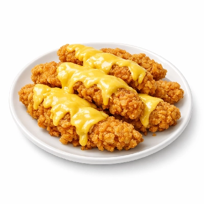 Cheese-covered fried chicken strips