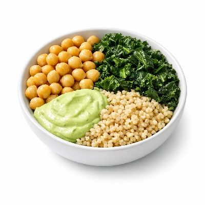 Chickpea Kale & Bulgur Bowl with Avocado Tahini Dressing
