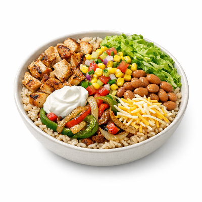 Chipotle Brown Rice Chicken Pinto Beans Corn Salsa Mild Sour Cream Cheese Lettuce Fajita Veggies Bowl
