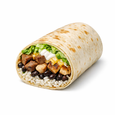 Chipotle Steak and Chicken Burrito with White Rice Black Beans Lettuce Sour Cream & Cheese