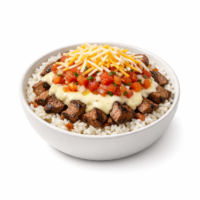 Chipotle White Rice Steak Queso Salsa and Cheese Bowl