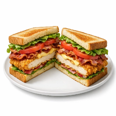 Crispy chicken, bacon, and tomato club sandwich with cheese, lettuce, and mayonnaise