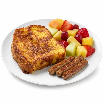 Corner Bakery Cafe Baked French Toast with Sausage & Fresh Fruit
