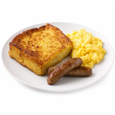 Corner Bakery Cafe Baked French Toast with Sausage & Scrambled Whole Eggs