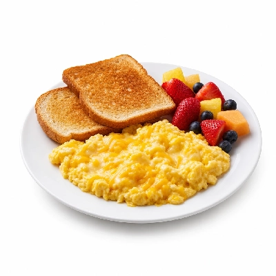 Corner Bakery Cafe Kids' Menu Cheesy Scrambler with Toast & Fresh Fruit