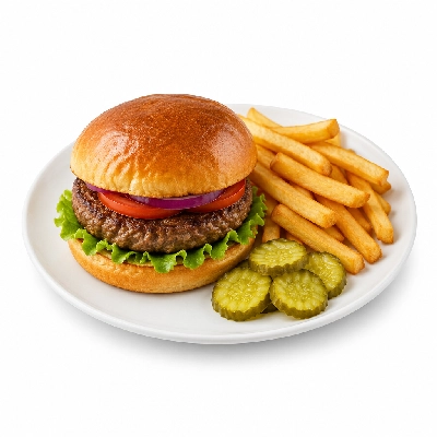 Country Pride Hamburger with Fries and Pickle Chips