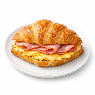 Croissant with egg, cheese, and ham