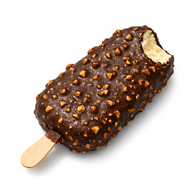 Dairy and egg ice cream bar covered with chocolate nuts