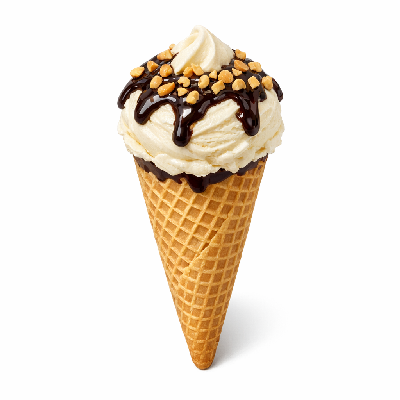 Dairy and egg ice cream lowfat no sugar added cone peanuts chocolate sauce