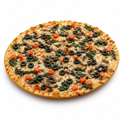 Domino's 12 Inch Crunchy Thin Crust Pizza with Light Parmesan Garlic Sauc Diced Tomatoes Black Olives Mushroom and Extra Spinach
