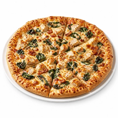Domino's 14 Inch Hand Tossed Crust Cheese Extra Garlic Parmesan Sauce Premium Chicken Bacon and Spinach Pizza