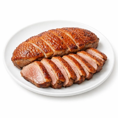 Duck young duckling domesticated white pekin breast meat and skin boneless cooked roasted