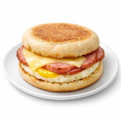 English muffin with egg, cheese, and Canadian bacon