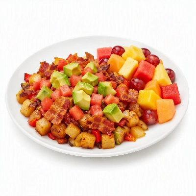 First Watch Breakfast Brunch Eggs-Clusives Avocado Bacon and Tomato Hash Fresh Fruit