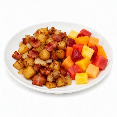 First Watch Breakfast Brunch Eggs-Clusives Bacon and Onion Hash Fresh Fruit